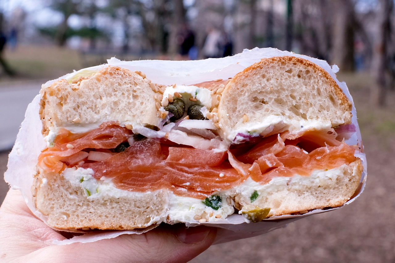 Loaded Bagel being held in Hand at the Park, New York City, New York.
