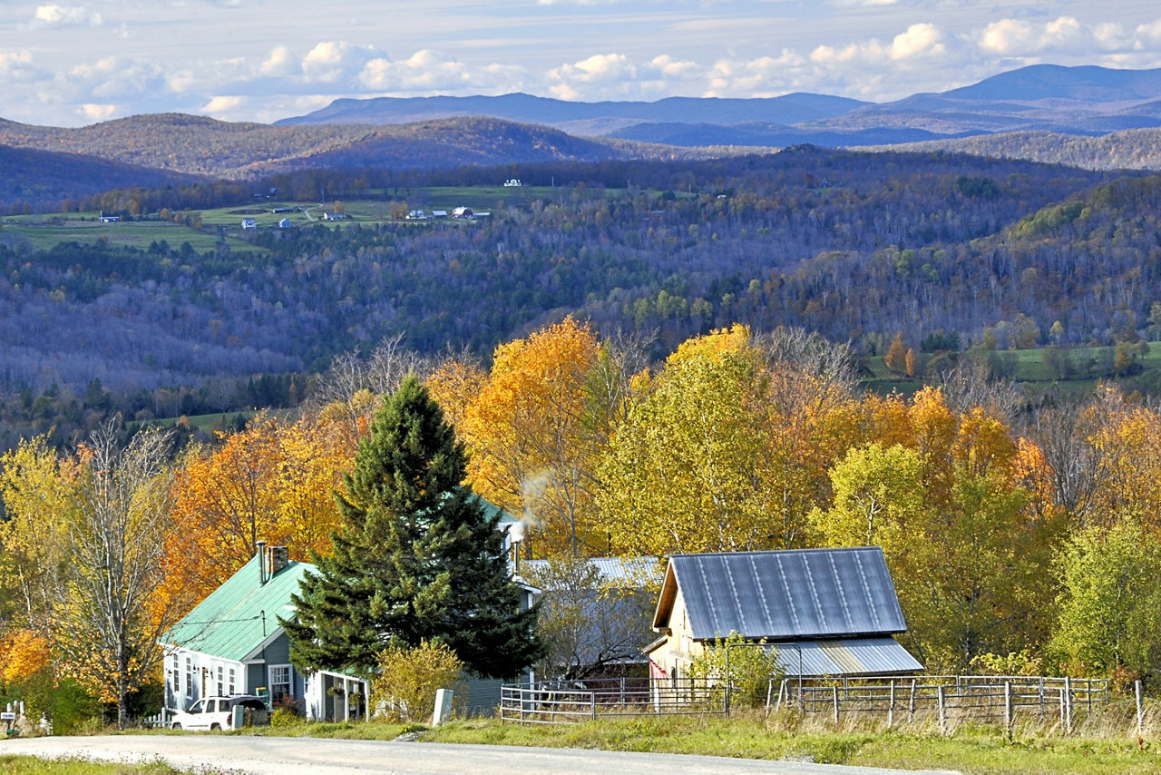 Rural Vermont, Hill Farmstead Brewery with a mountain view. Northeast America.