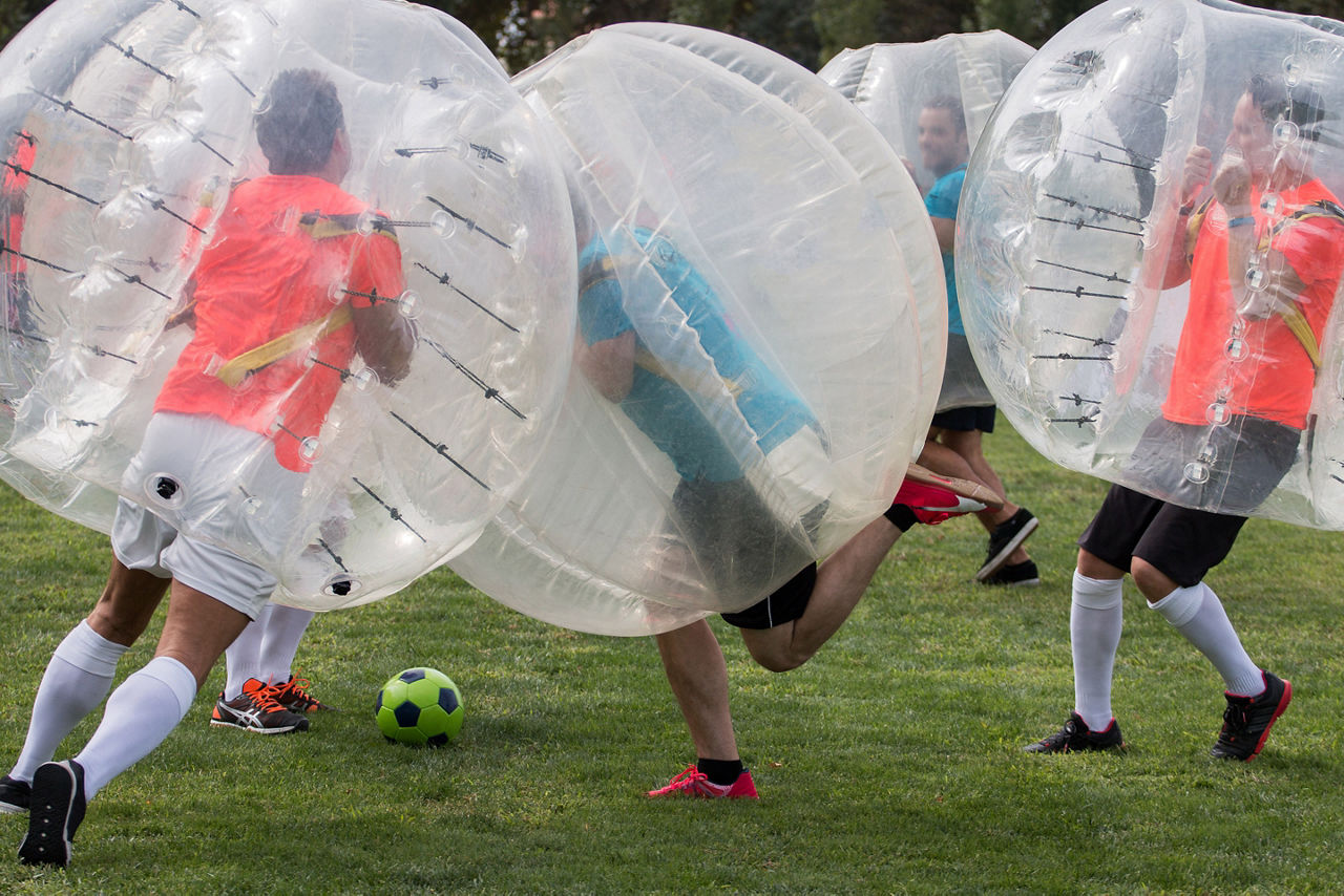  Close up view of bubble football balls game.