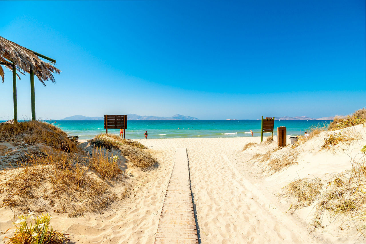 The way to an exotic sand beach in Kos island in Greece