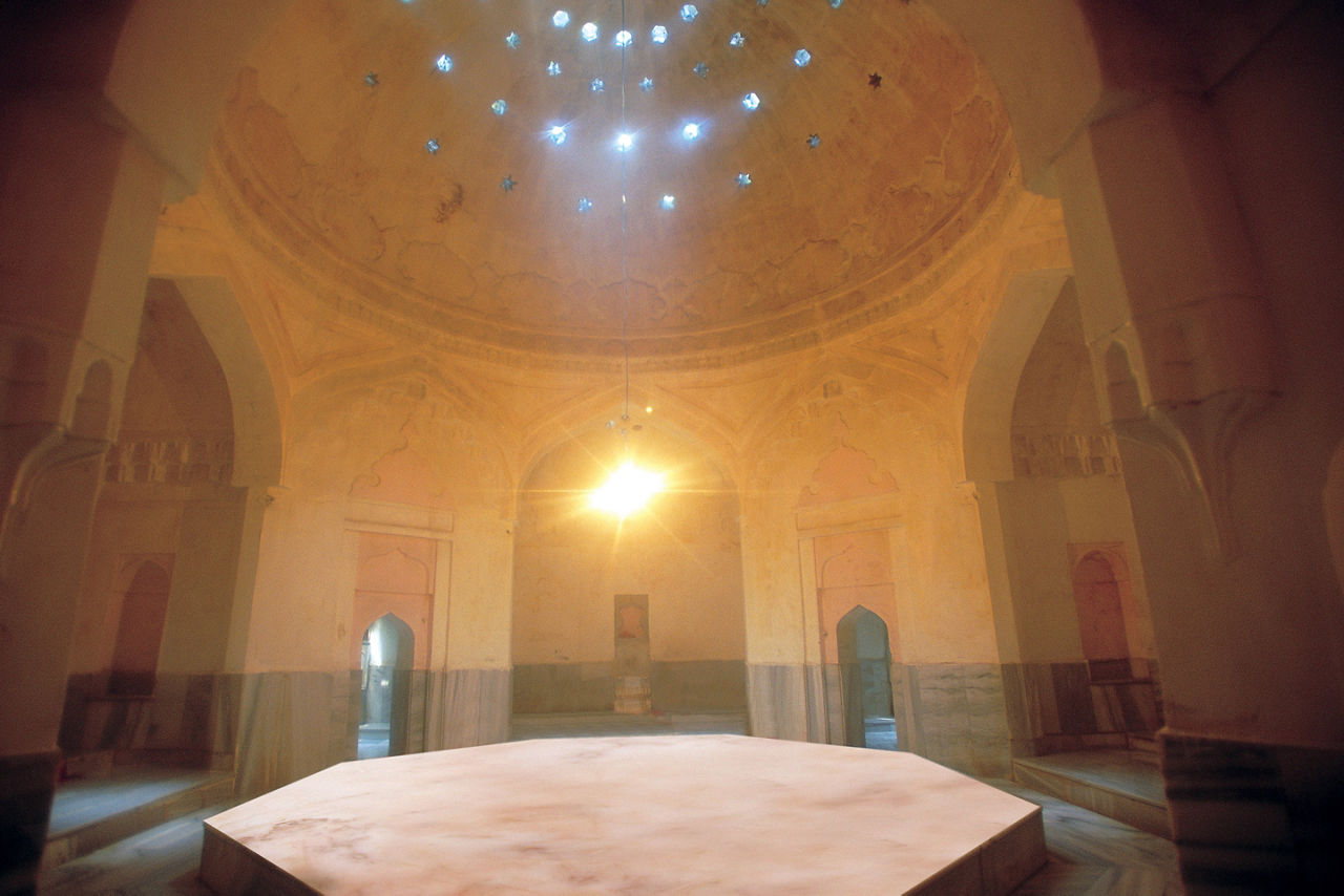 Inside of a tranquil Turkish hammam, with stars on the ceiling. Turkey