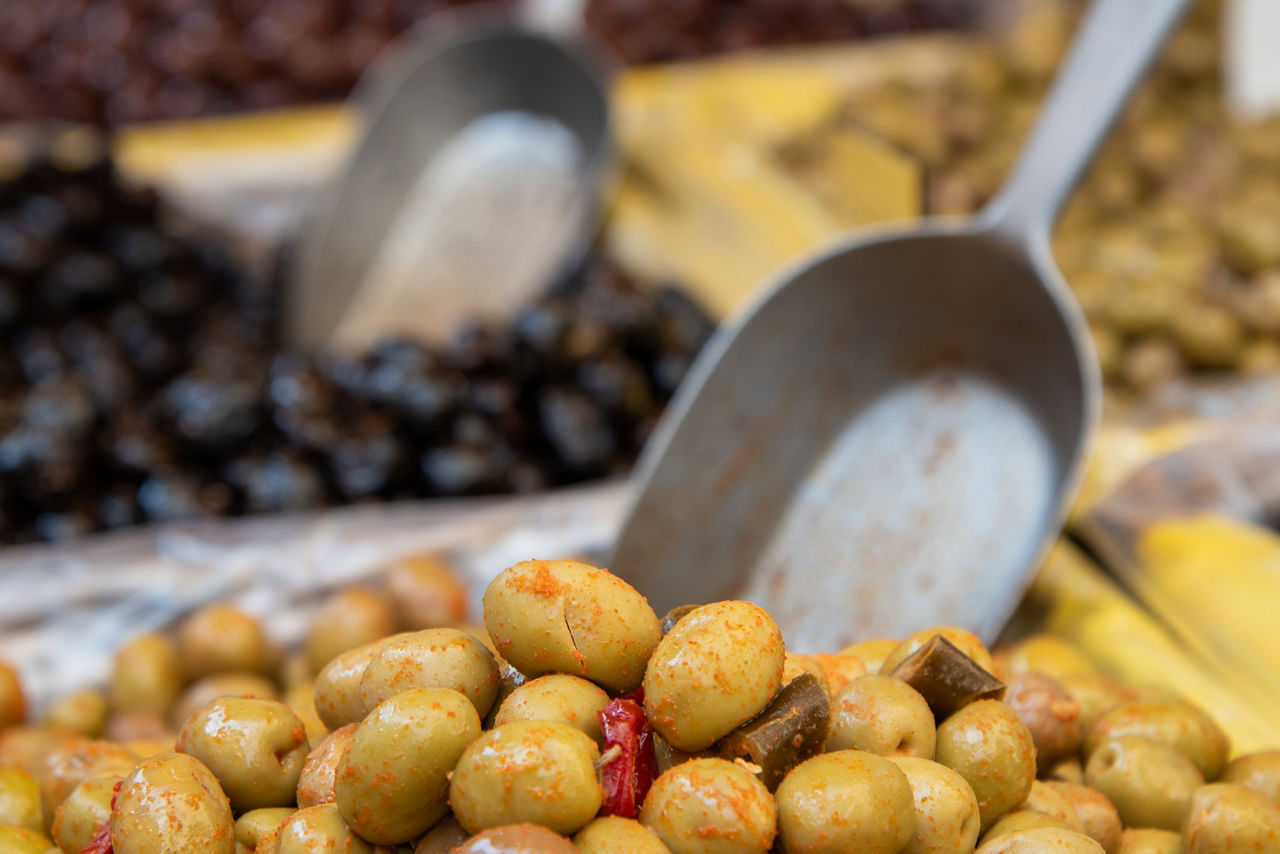 Fresh olives for sale at a street market in Provence, France