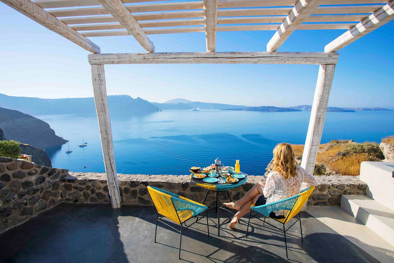 Greece Santorini Woman Enjoying the Coast View