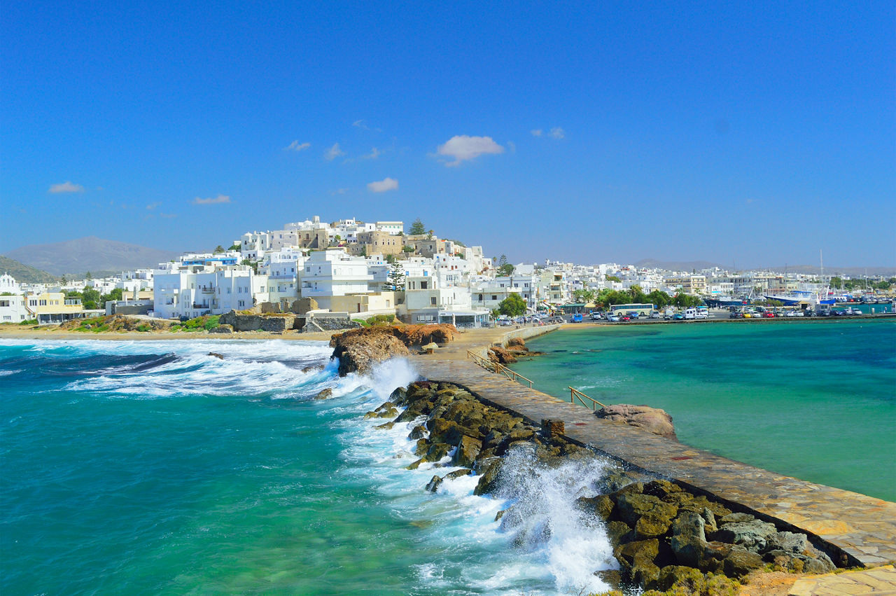Waves breaking on Naxos town pier, Greece