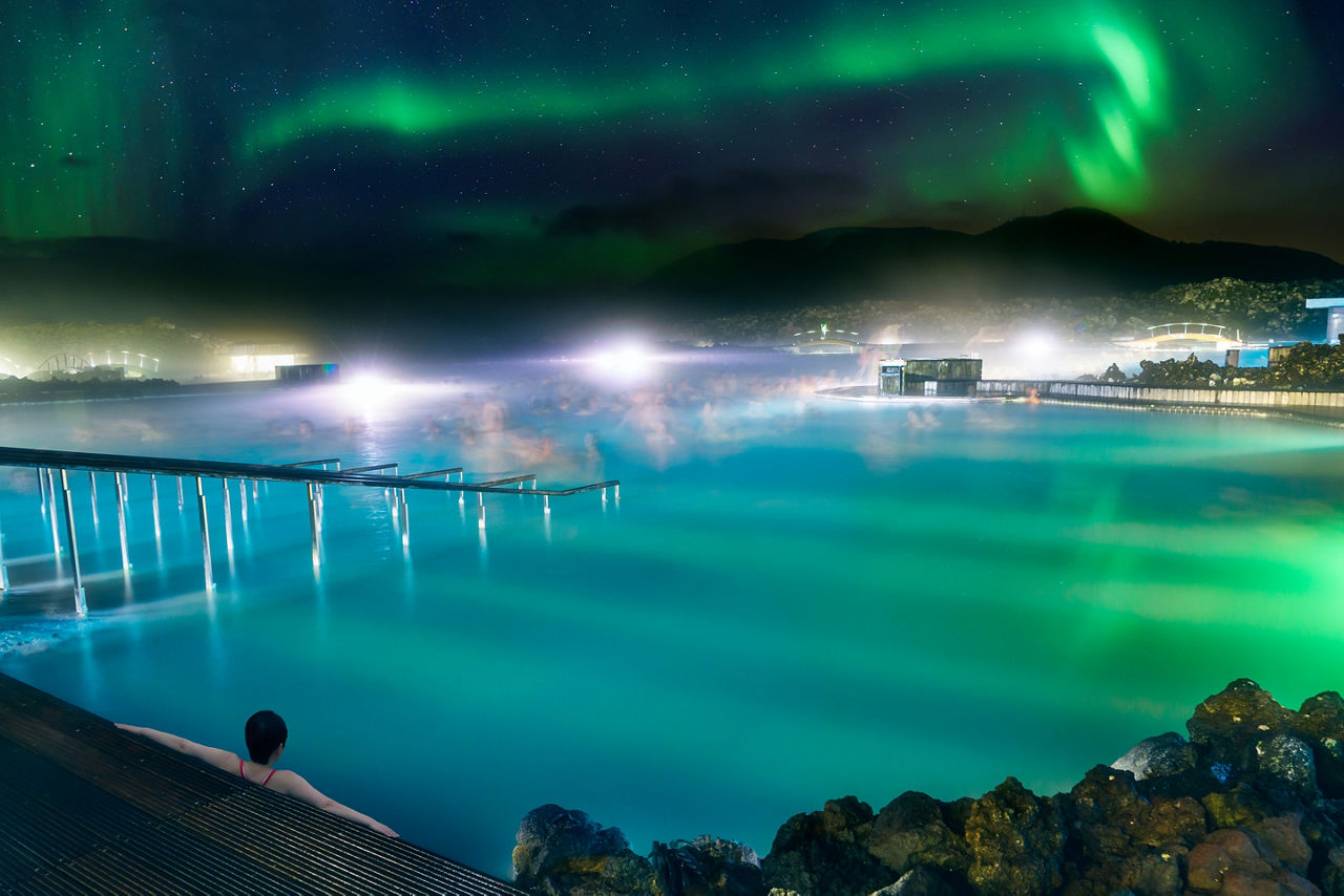 A wonderful view of the Blue Lagoon under the northern lights.