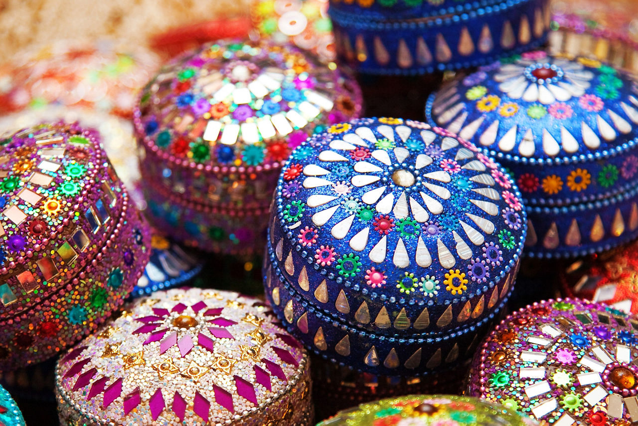 Colorful handmade decor in a street market in India.