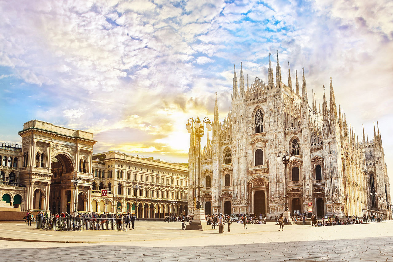 Cathedral Duomo di Milano and Vittorio Emanuele gallery in Square Piazza Duomo at sunny morning, Milan, Italy
