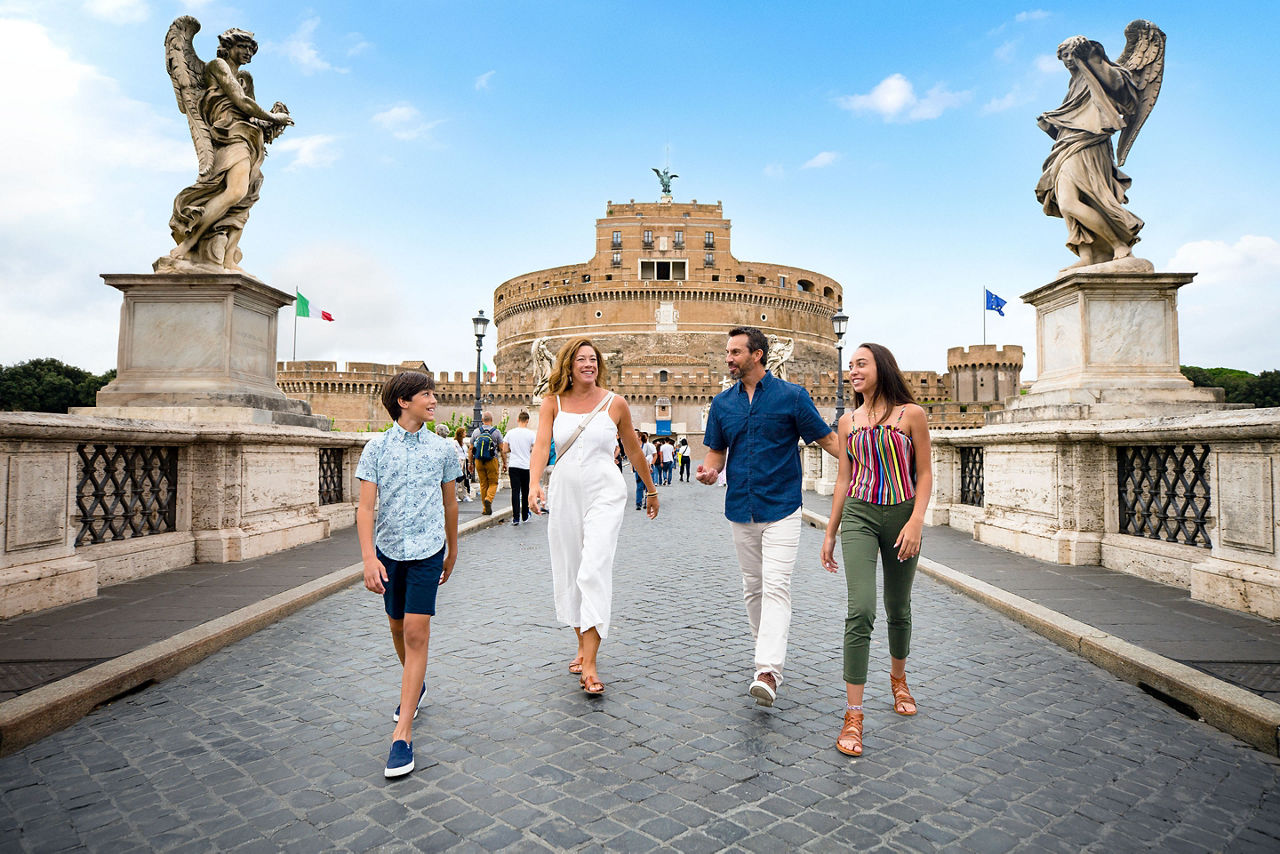 Family walking in the streets of Europe