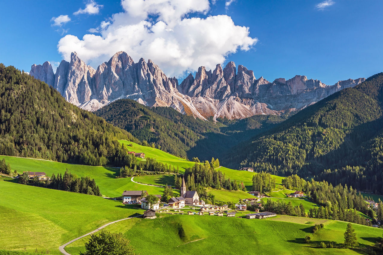 Famous alpine place of the world, Santa Maddalena village with magical Dolomites mountains in background, Val di Funes valley, Trentino Alto Adige region, Italy, Europe