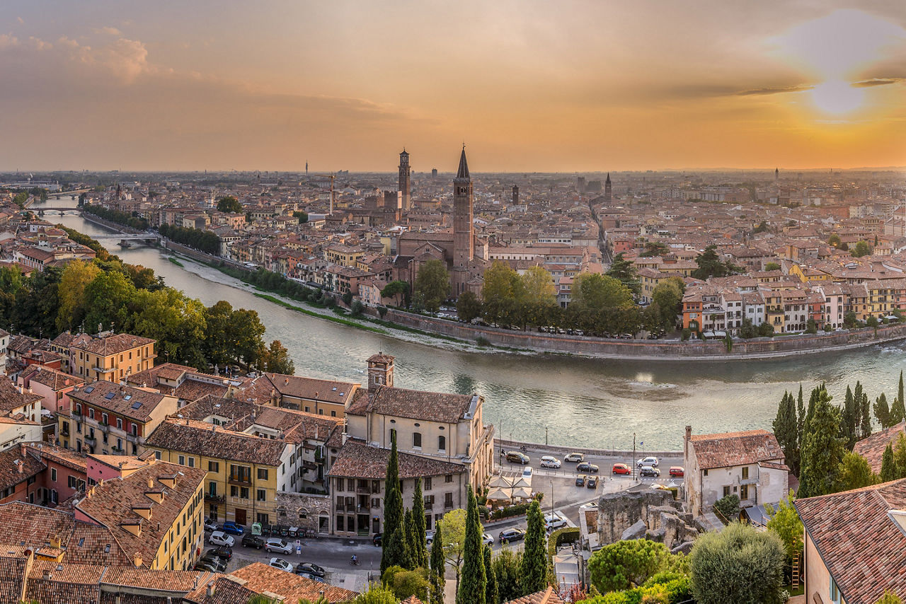 Panorama view down the historic city of Verona, Veneto. Italy. Caption:   The first opera was performed in Florence, Italy.