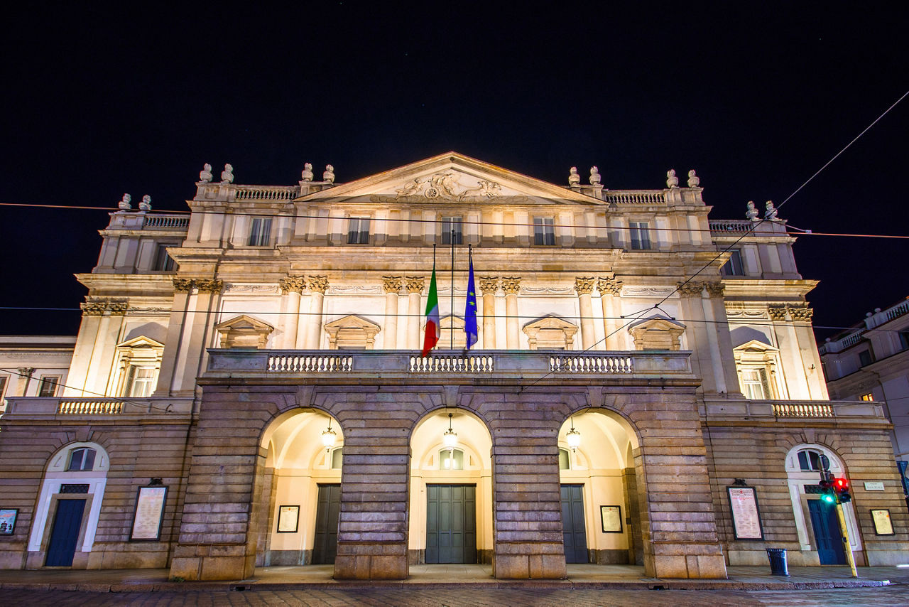 The theater Scala of Milan at night. Italy.