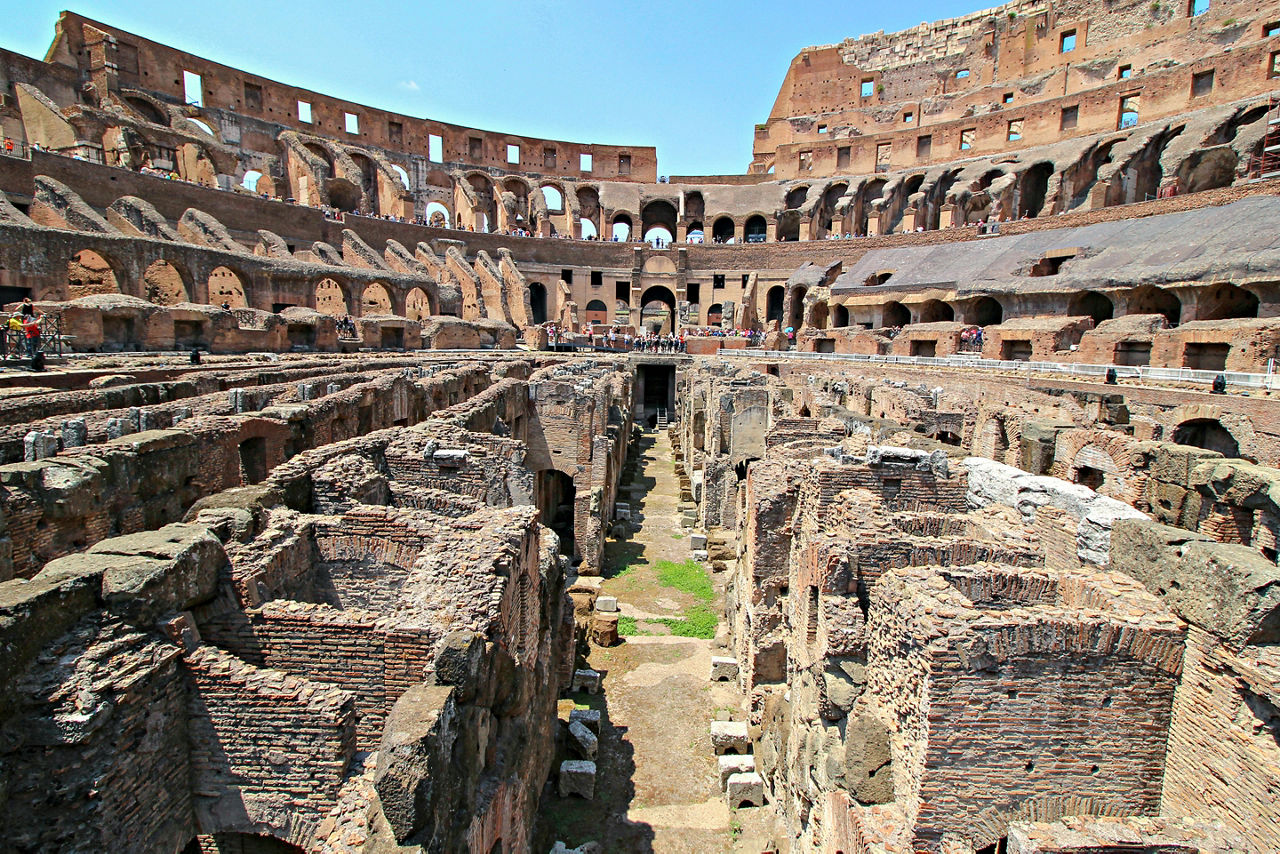 View of the waiting rooms beneath the Roman Colosseum floor. Rome, Italy