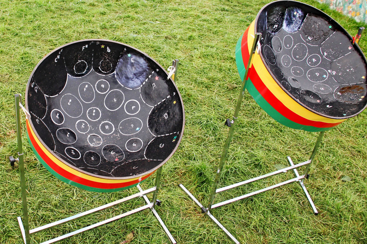 Two Steel Drums in Rastafarian Colors for Reggae Music. Jamaica.