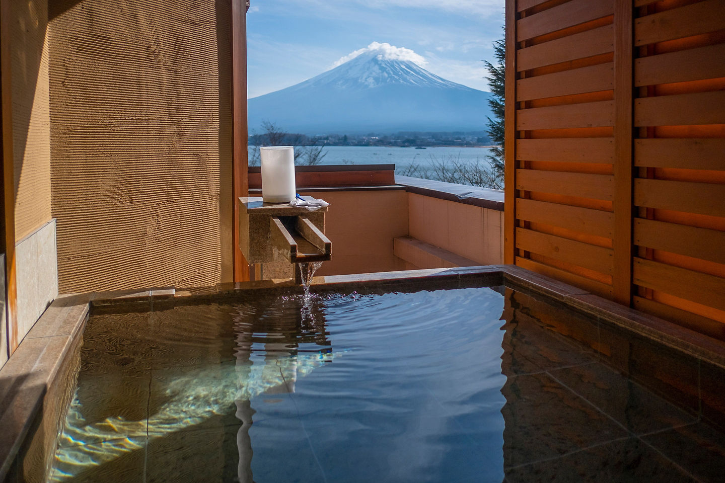 A peaceful outdoor onsen overlooks Mount Fuji. - Mt. Fuji, Japan