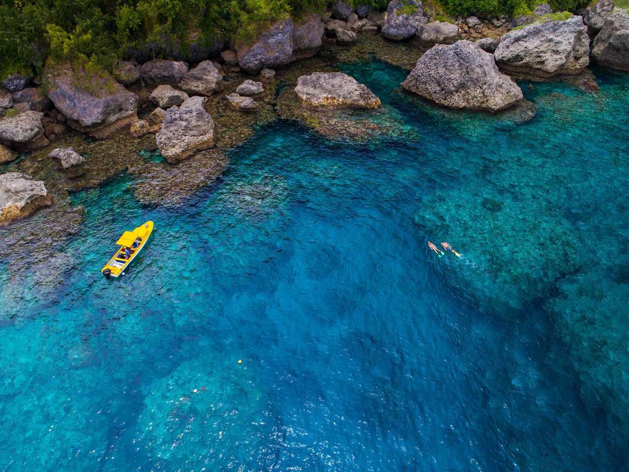 Aerial of Divers Snorkeling by the Coast of Lelepa