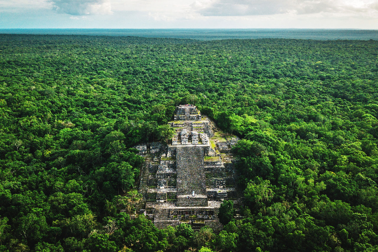 Aerial view of Calakmul ruins in the Mexican jungle. Mexico