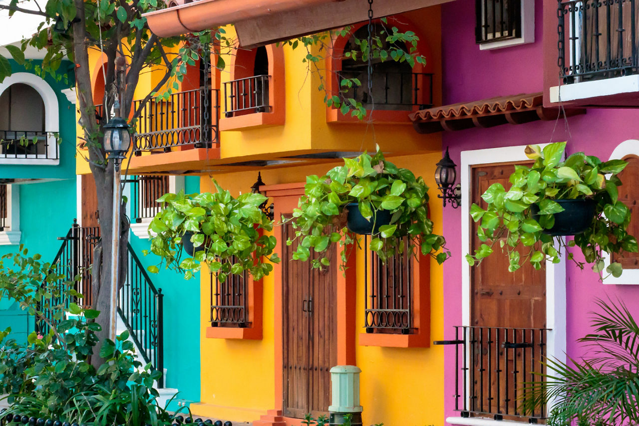 Bright building facades in Puerto Vallarta Mexico