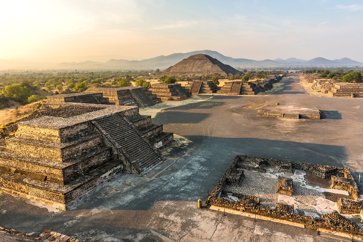 Ancient Teotihuacán pyramids rising above Mexico’s expansive valley landscape. - Mexico City, Mexico