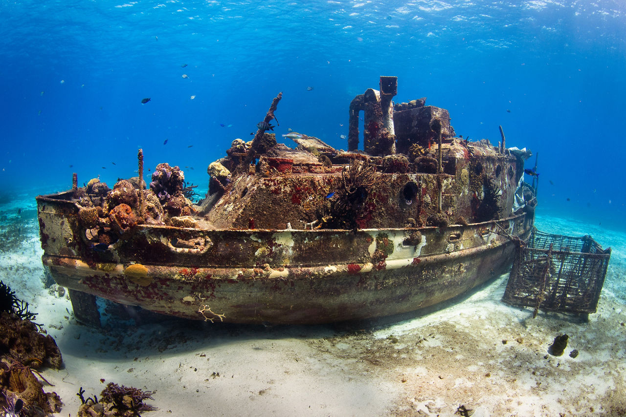 Sunken shipwreck for diving in Cozumel. Mexico.