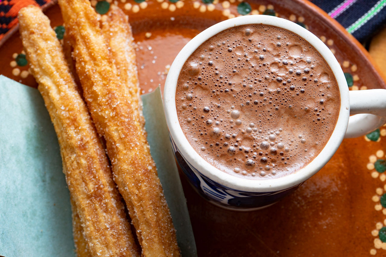 Traditional Churros with Sugar and Chocolate, Mexico