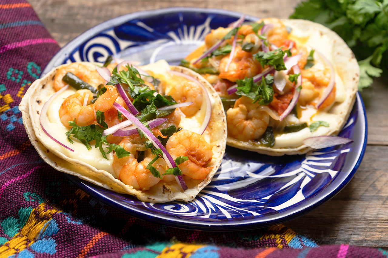 Shrimp tacos served as traditional Mexican food. Mexico.