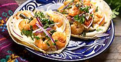 Shrimp tacos served as traditional Mexican food. Mexico.