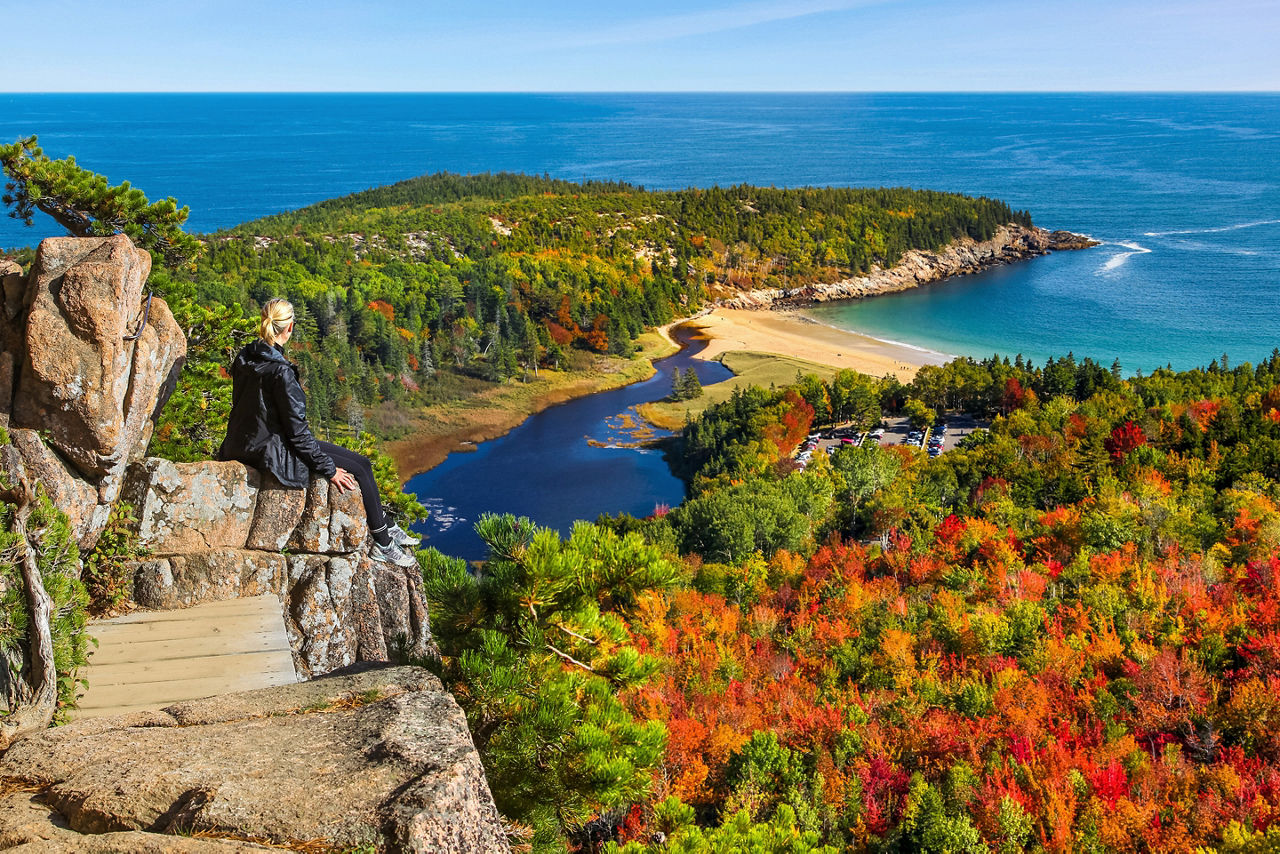 Woman Sightseeing Cliff, Acadia, Maine