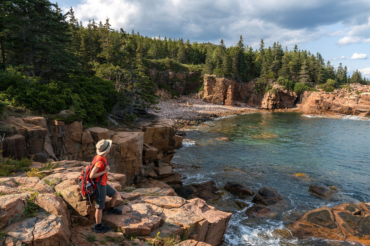 Man Hiking by the Lake, Acadia, Maine