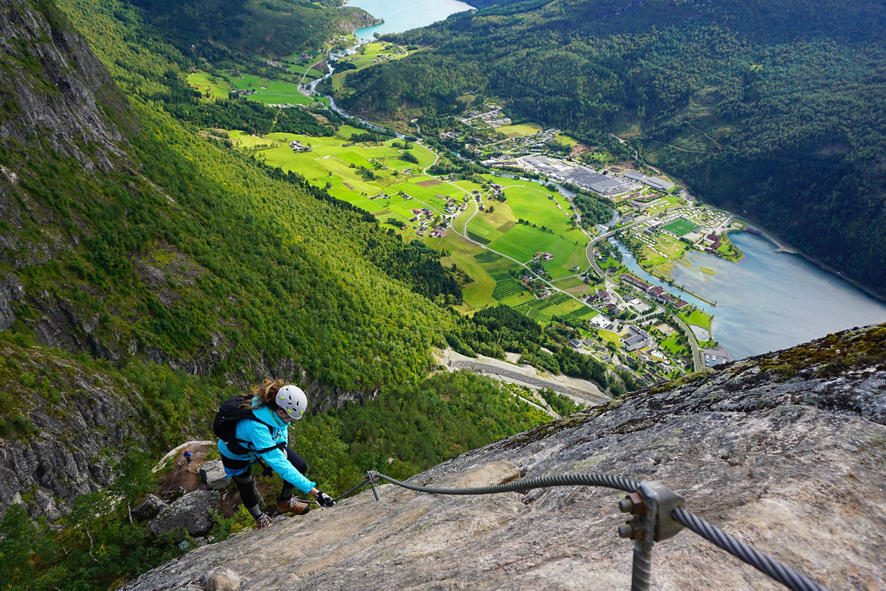 Rock Climber on via Ferratas Loen in Norway