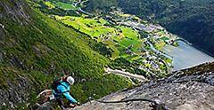 Rock Climber on via Ferratas Loen in Norway