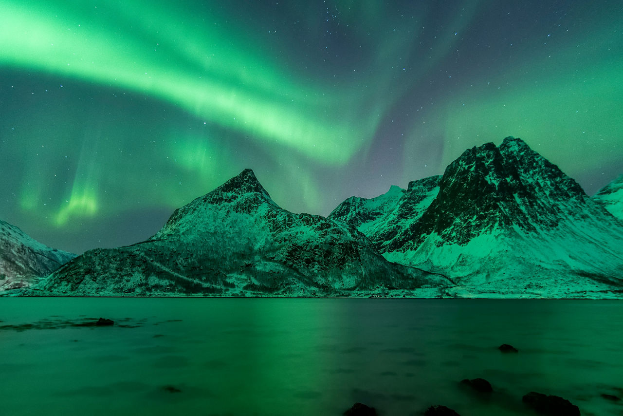 Amazing show of northern light ( aurora borealis ) above the mountains and fjords of Tromsø in the north of Norway