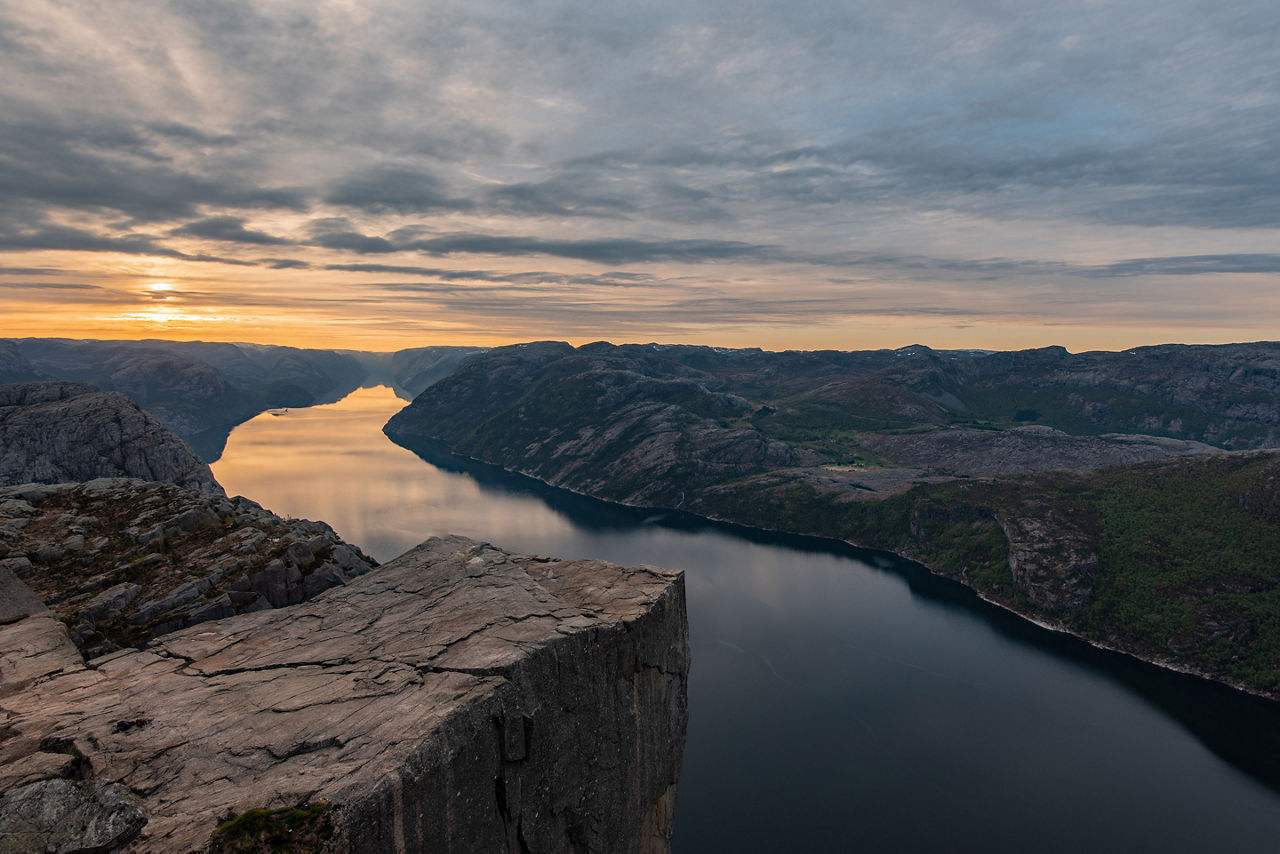 Sunrise Hike Trail Overlooking the Sunrise at The Pulpit Rock. Norway.