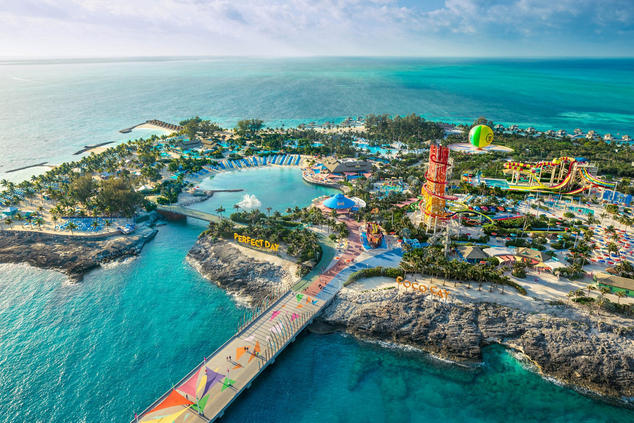 Aerial of Perfect Day at CocoCay, whole island