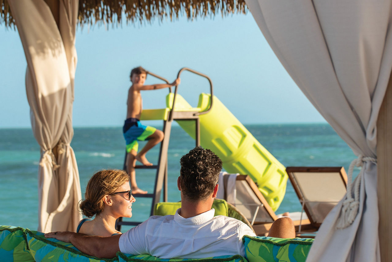 Coco Beach Club Floating Cabana Boy Using Slide, Perfect Day at Coco Cay 