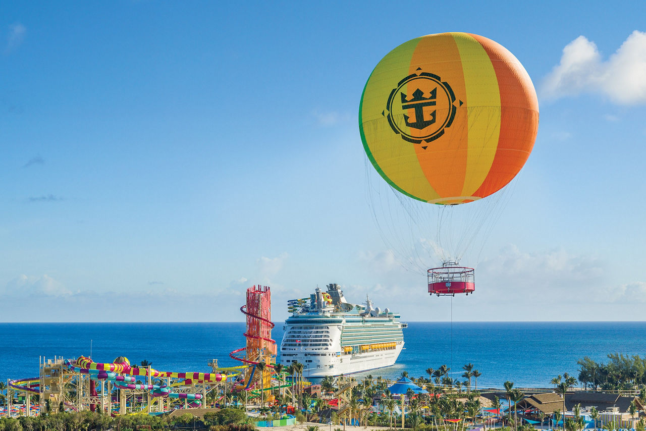 Perfect Day Coco Cay Up Up and Away Helium Balloon Aerial with Navigator of the Seas 