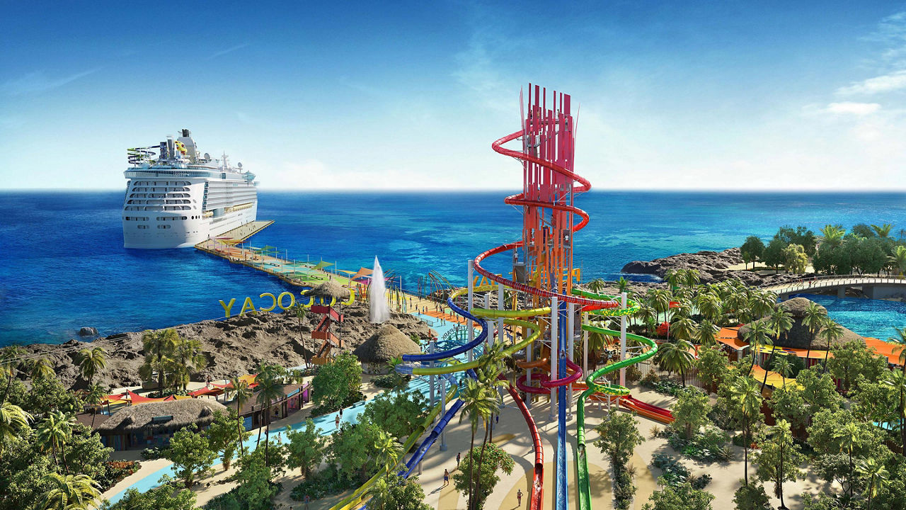 Perfect Day Island CocoCay Bahamas Aerial View of Thrill Waterpark and Arrivals Plaza