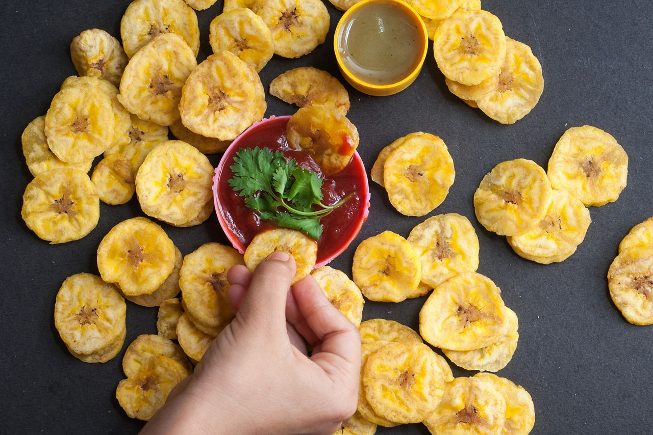 Puerto Rico Fried Plantains with Salsa Close-Up