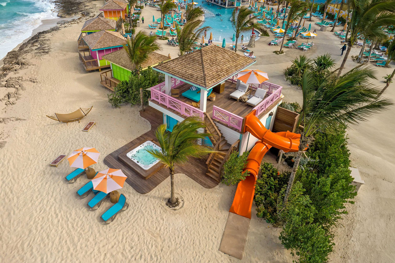 Aerial view of the Ultimate Family Cabana at Chill Beach on Royal Beach Club Paradise Island