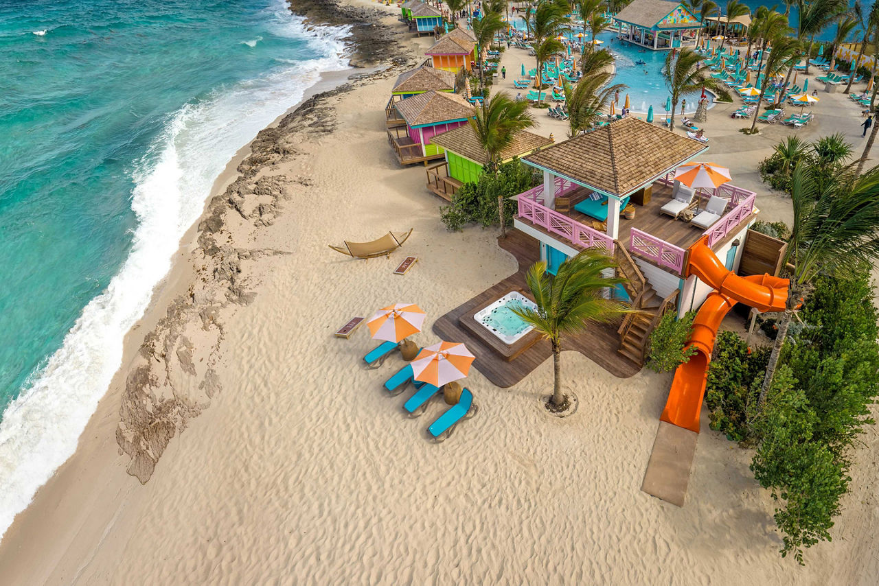 Aerial view of the Ultimate Family Cabana at Chill Beach on Royal Beach Club Paradise Island