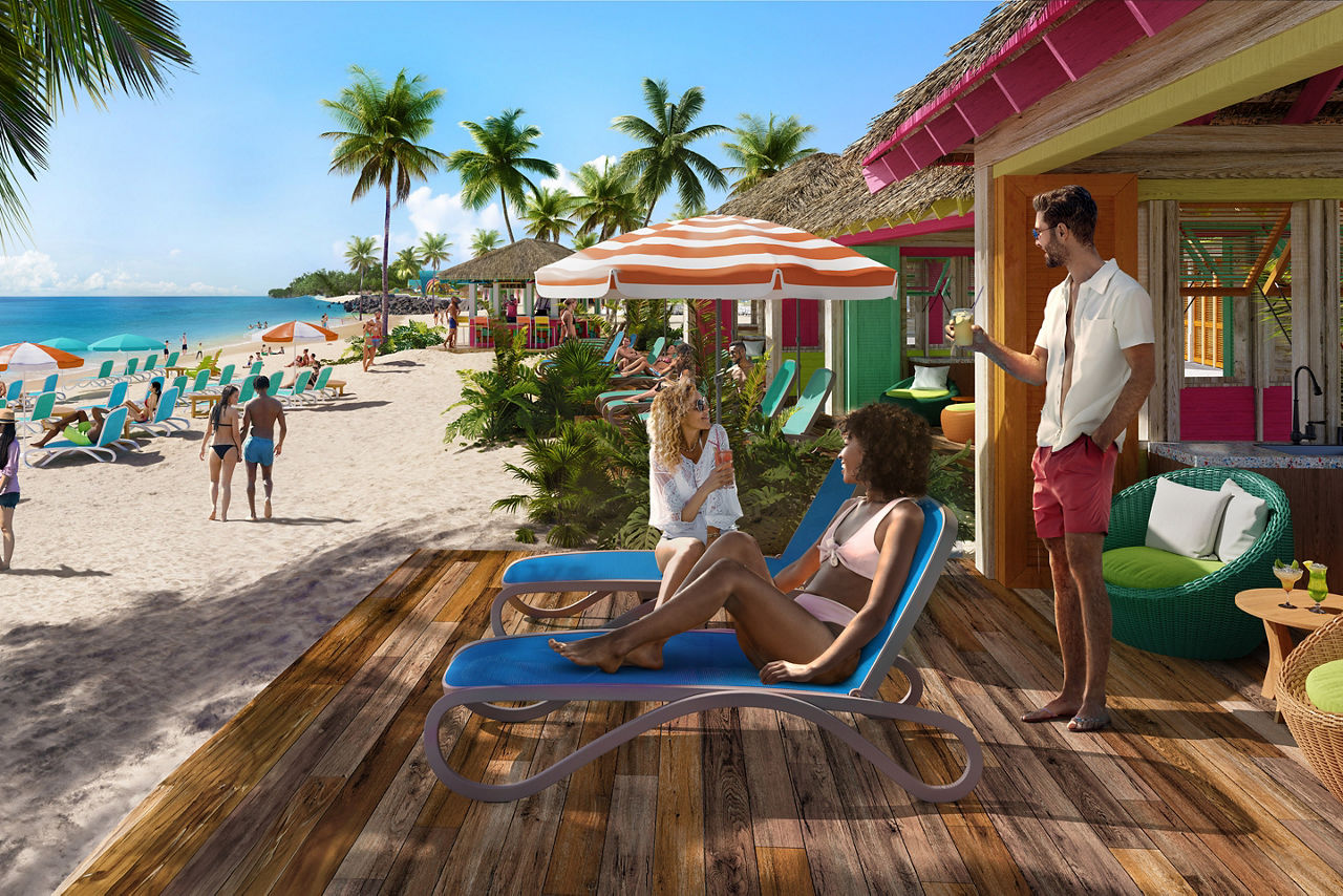 3 friends holding drinks while talking and chilling by the premium beach cabana, RBC Paradise Island