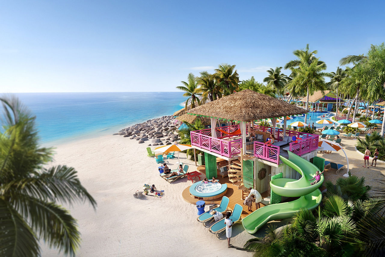 RBC Paradise Island, wide shot of colorful family cabana with twisting slide