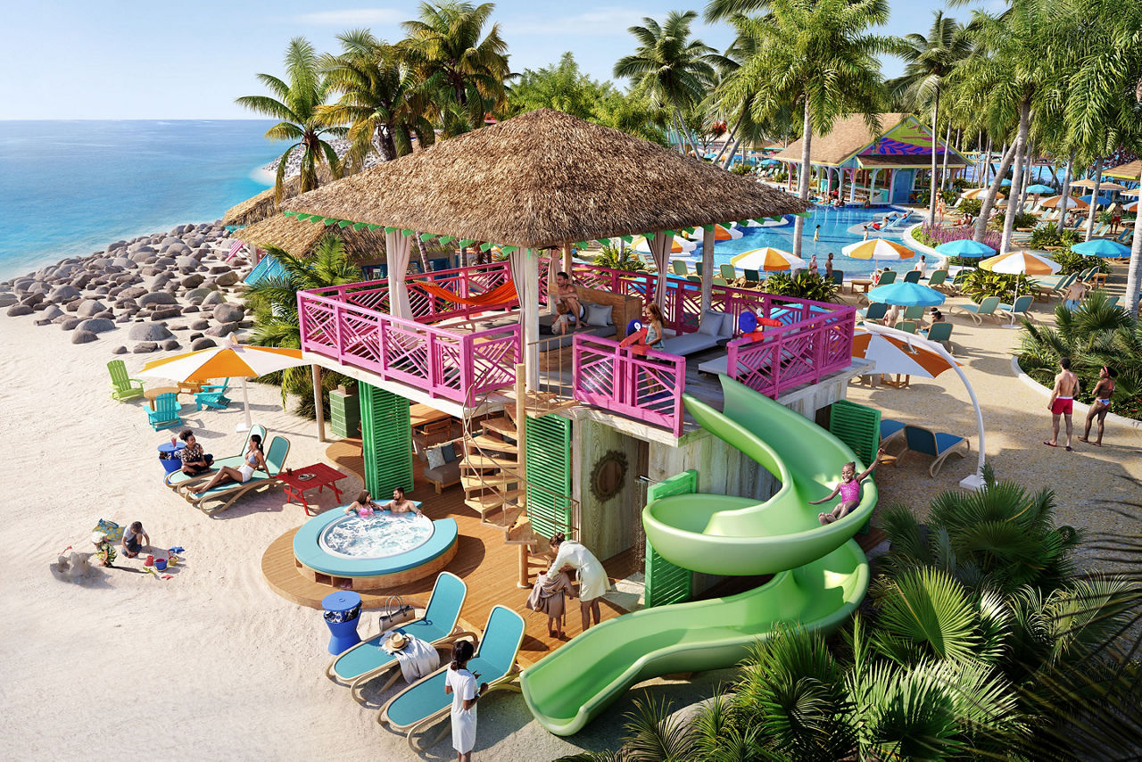 RBC Paradise Island, colorful family cabana with twisting slide