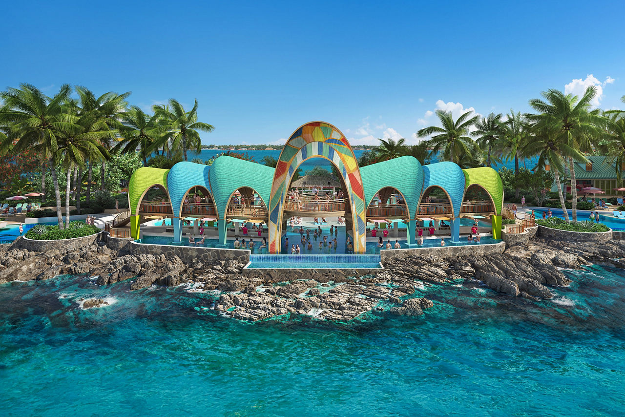 RBC Paradise Island, wide, front, aerial shot of the colorful party cove