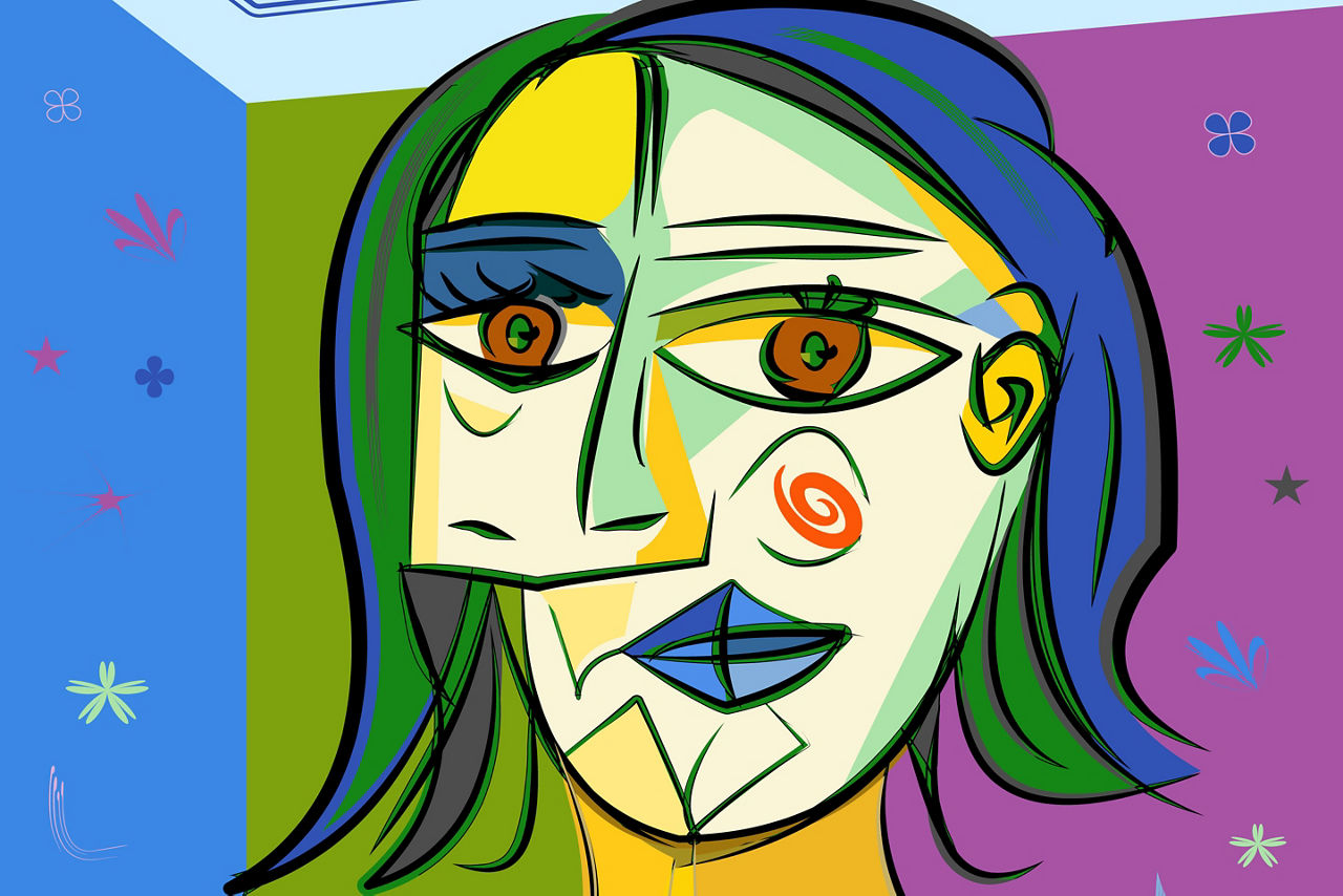 abstract drawing, woman head in cubist art style