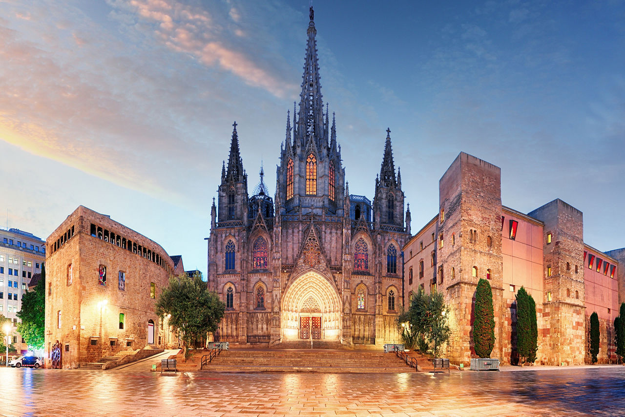 View of the city La Sagrada Familia at night. Barcelona, Spain.