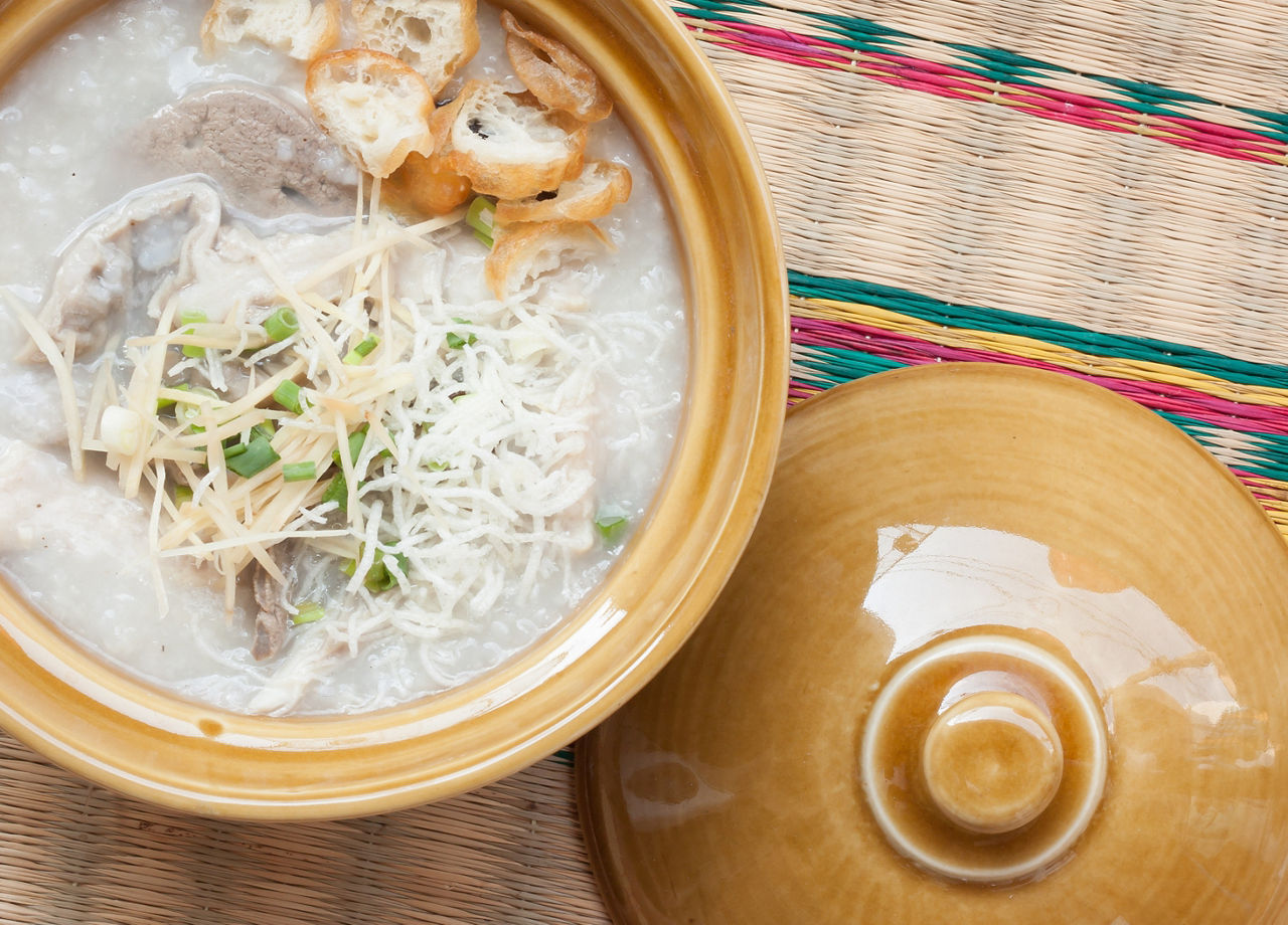 Traditional Thai porridge rice in ceramic bowl aka Jook, Bangkok Thailand