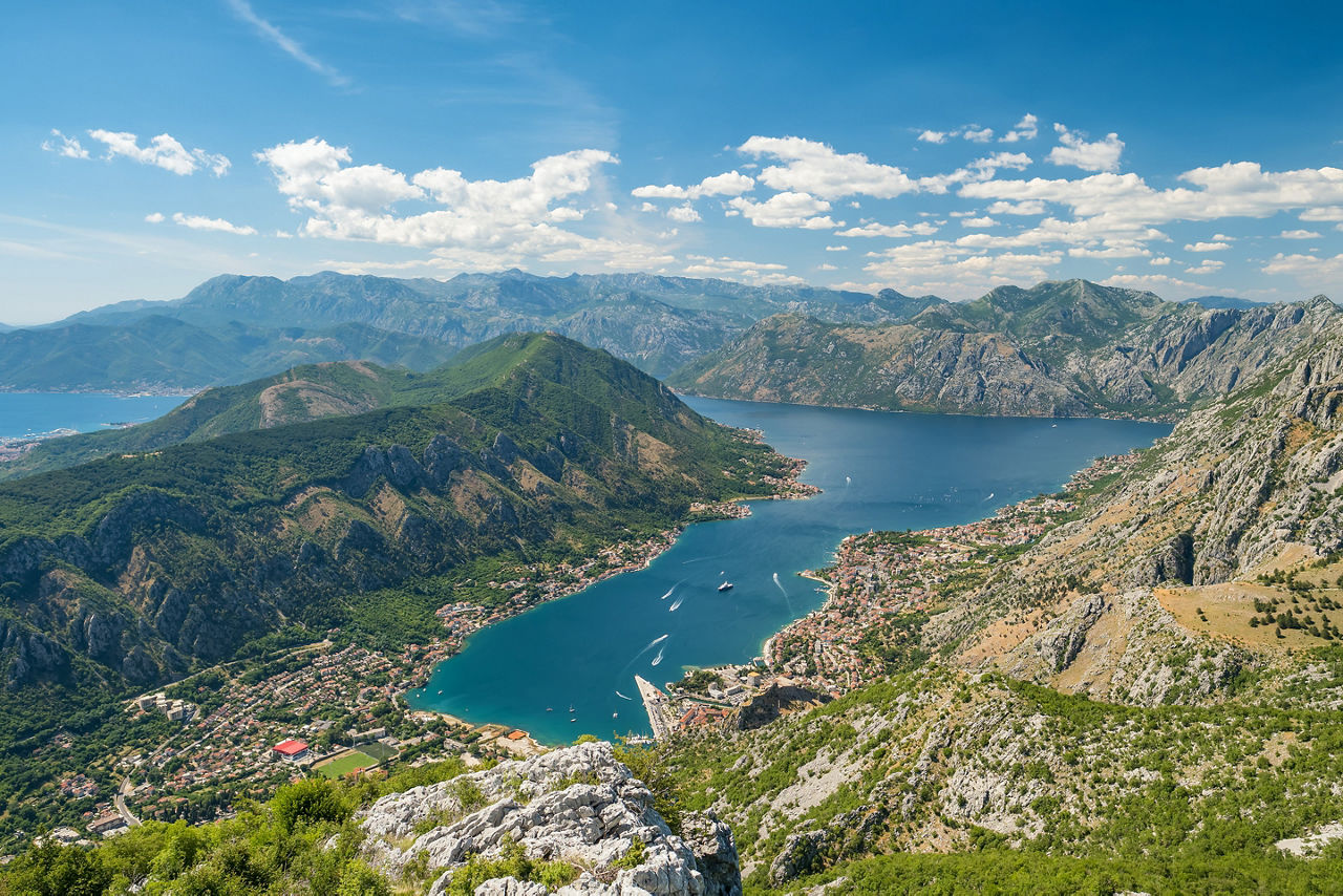 Summer view of the Bay of Kotor in Montenegro. Aerial view from Mount Lovcen 
