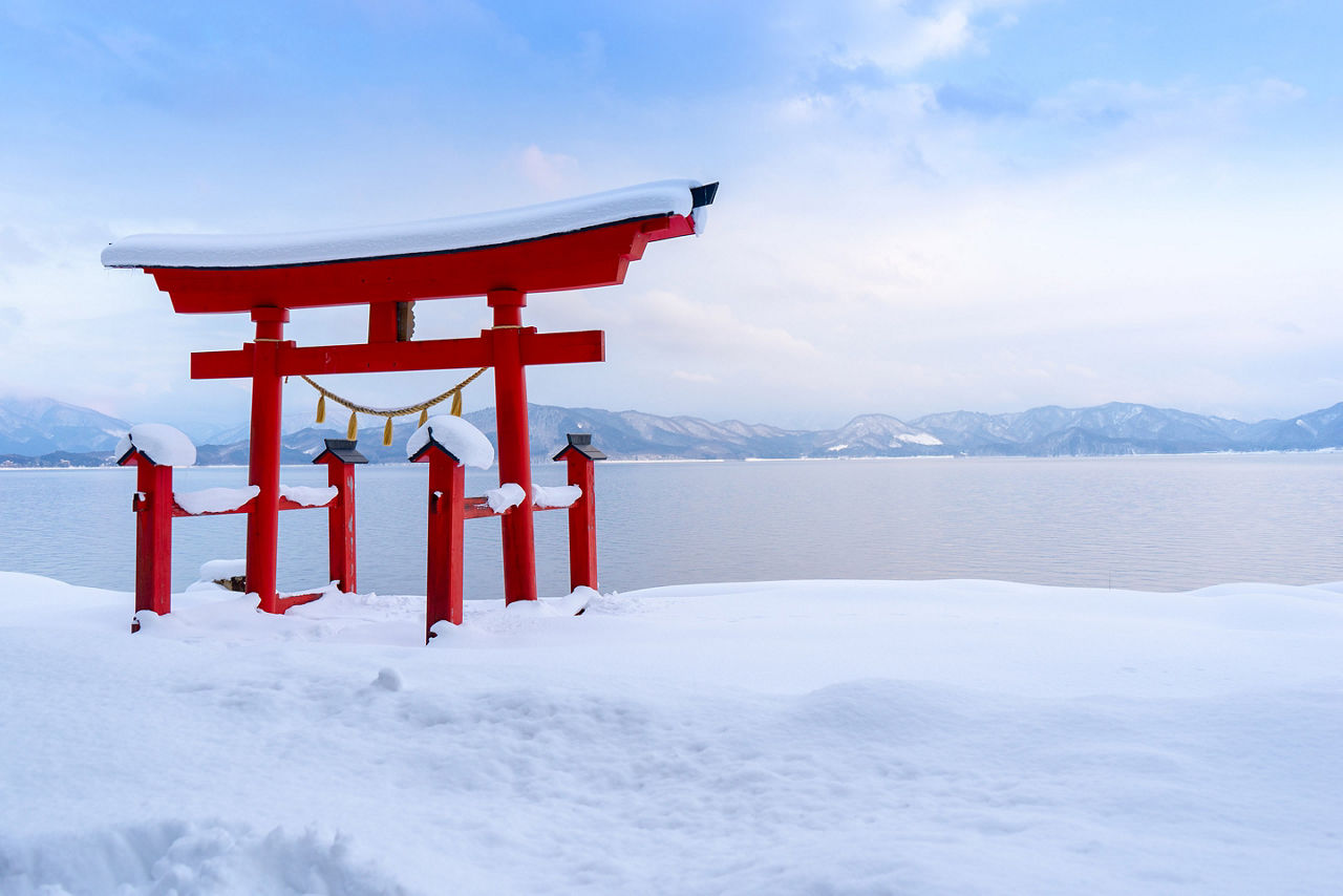 Japan Akita Torii Gate of Goza No Ishi Shine Snow