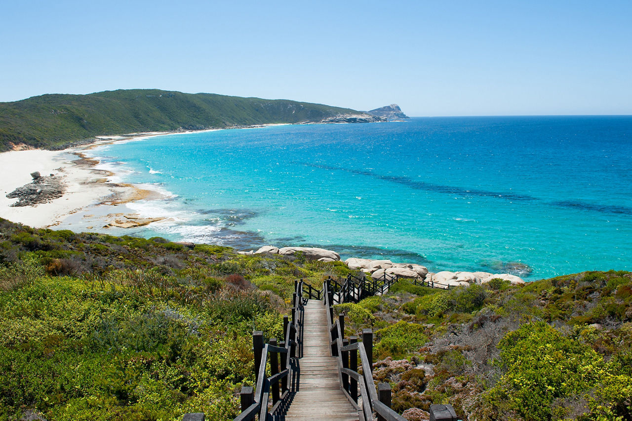 Scenic panoramic view of cliff coast and Cable Beach at Torndirrup National Park, Albany, Western Australia