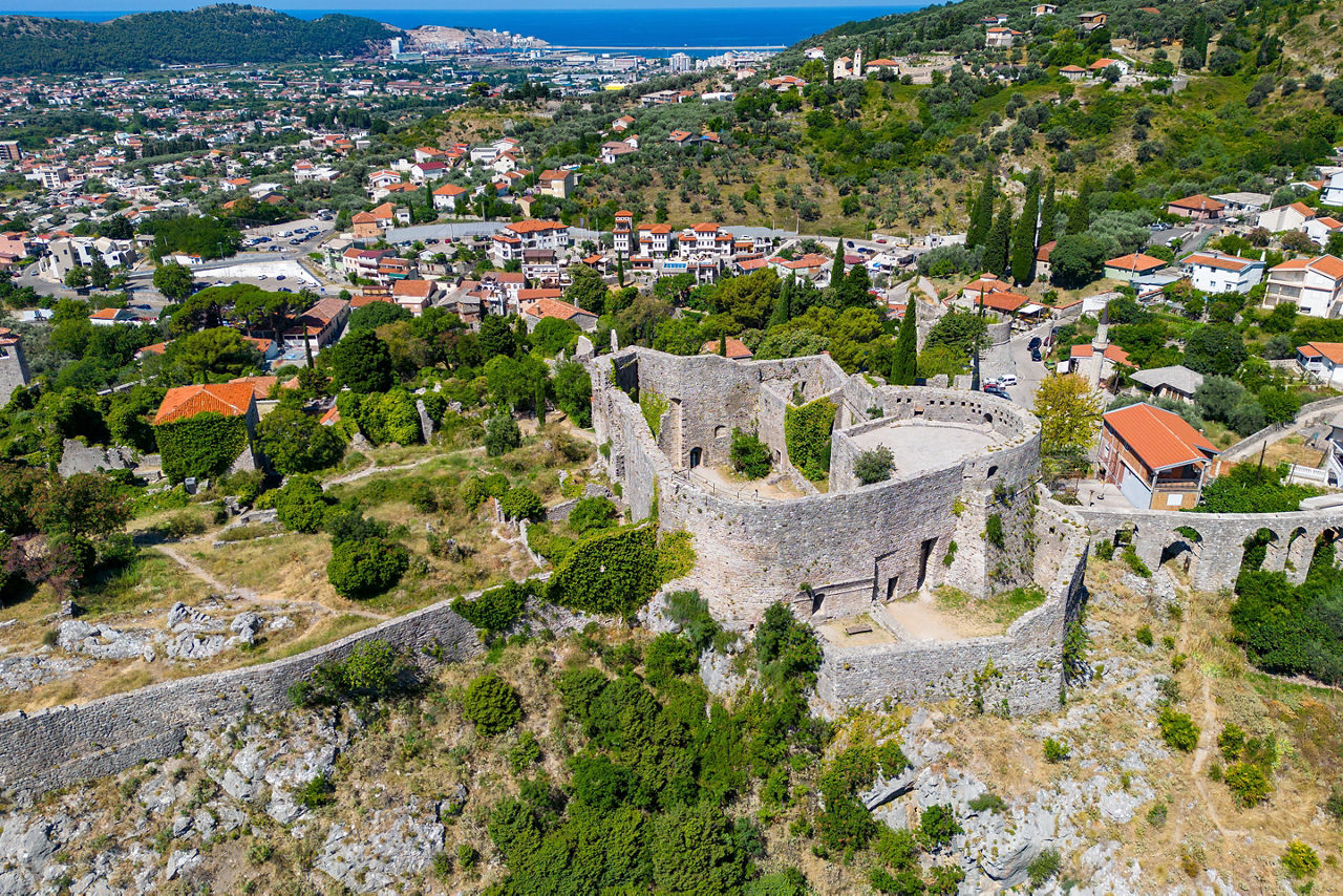 Stari Bar Aerial View. Ruined medieval city on Adriatic coast, Unesco World Heritage Site in Montenegro.